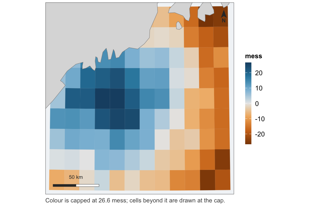 An extrapolation score over the same grid, coloured brown below zero and blue above it, with white at zero -- the midpoint that was passed rather than defaulted.