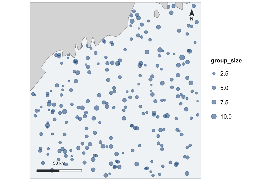 Three hundred sighting locations scattered over the Gulf of Maine as part-transparent blue circles, sized by group size, with a size legend to the right.