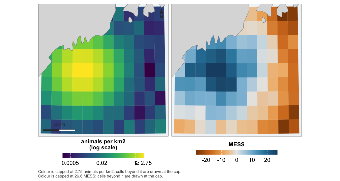 Two panels side by side on the same extent: predicted density on the left, its extrapolation score on the right, each with its own legend below it and one caption under both naming where each scale was capped.
