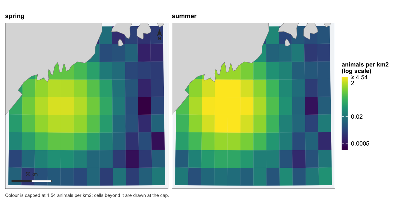 Two panels labelled spring and summer, drawn on one shared colour scale with a single legend to the right, so the brighter summer panel is brighter because its values are larger.