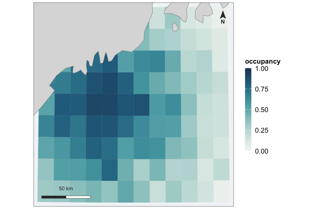 Posterior occupancy over the same grid, coloured on a scale fixed at 0 and 1 so the legend runs the full range regardless of what the data reaches.
